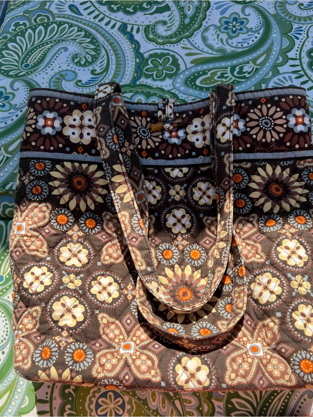 Vera Bradley Canon Pattern Brown Floral Quilted Tote with Orange Accents